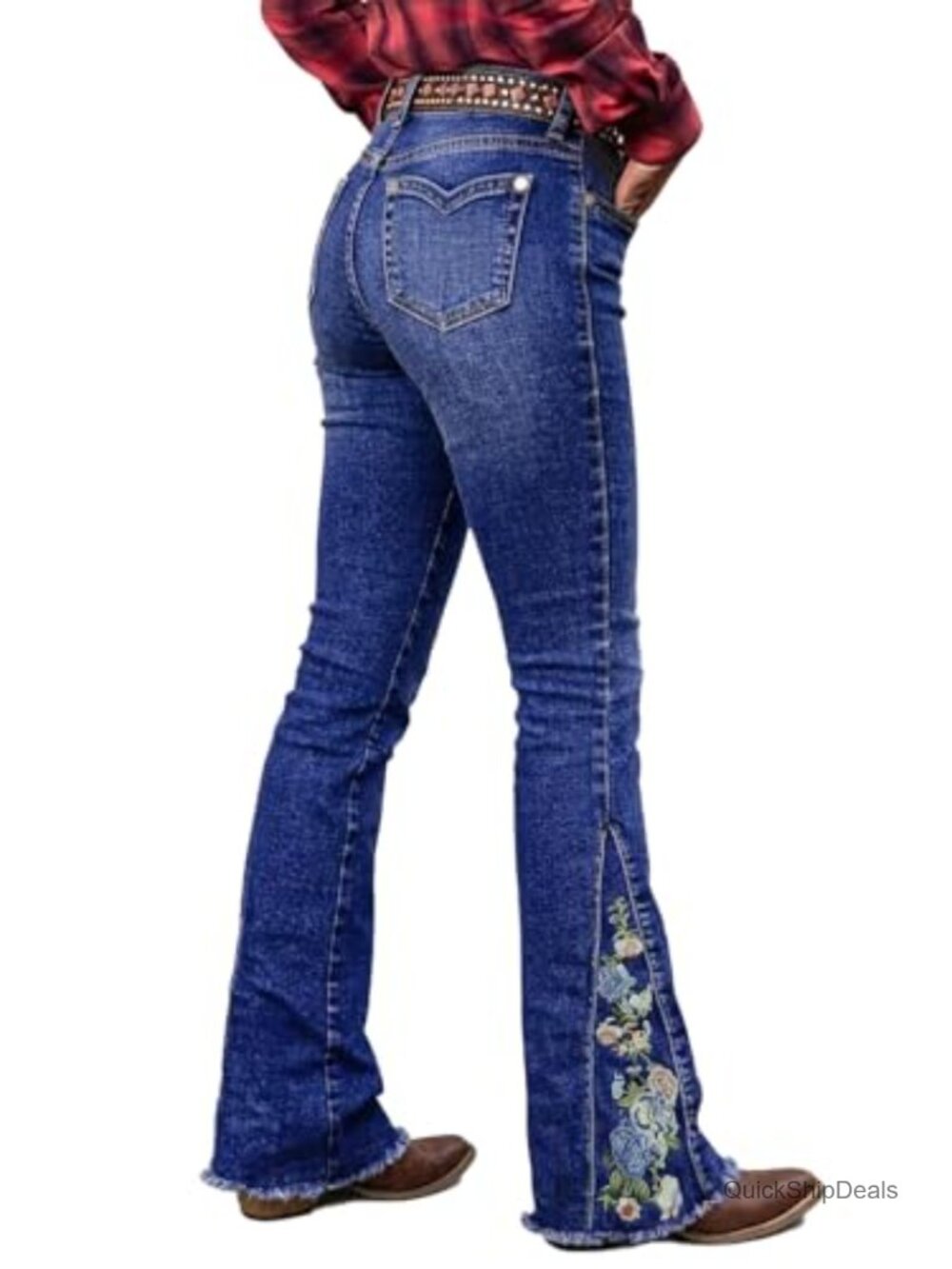 Women's Buttoned Hem Bootcut Jeans Mid Rise Stretch Denim Flare Leg
